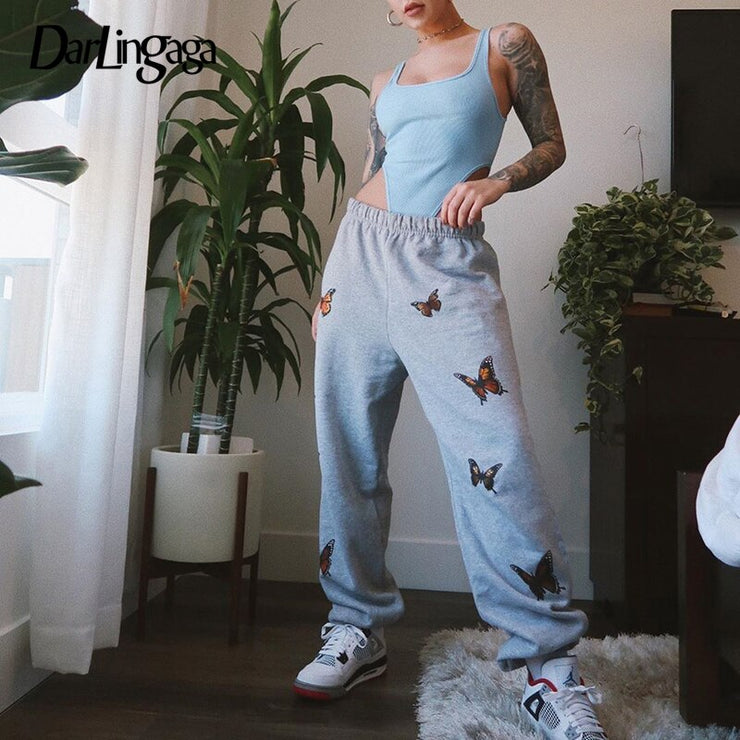 Darlingaga Streetwear Butterfly Print Sweatpants Women Baggy High Waist Pants Fashion Joggers Sweat Pants Women Workout Pantalon