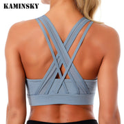 Kaminsky Women Push Up Sexy Back Sport Gathered Bra Female Running Workout Bra Fitness High Elastic Shockproof For Training Vest