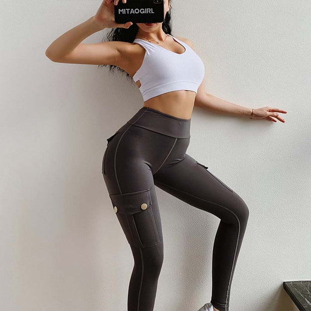 NORMOV Fitness Women Leggings Withe Pocket Solid High Waist Push Up Polyester Workout Leggings Cargo Pants Casual Hip Pop Pants